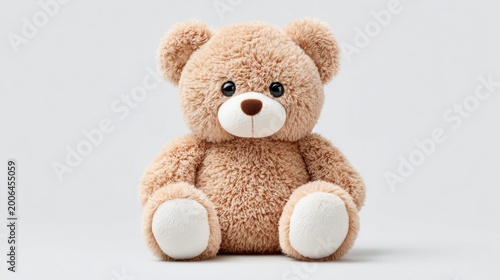 A fluffy brown teddy bear sits patiently on a clean white background, ready for cuddles