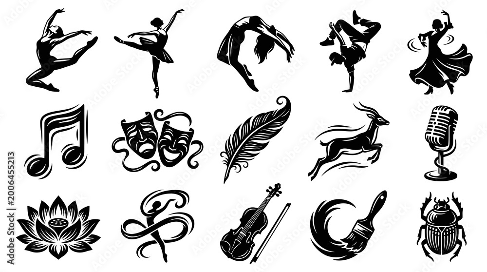 Obraz premium Black White Silhouette Icons - Dance, Music, Art, Nature, Animals, Theater