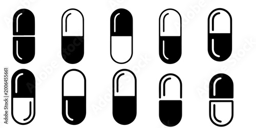 Tableau sur toile Capsule and pill icon set in solid, outline and dotted styles representing medic