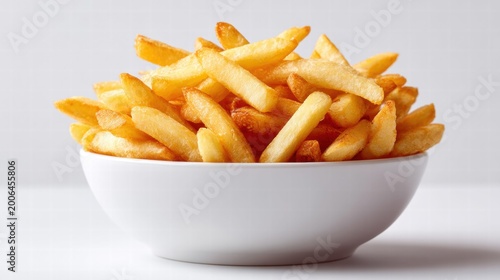Golden French fries overflowing a white bowl against a plain background.