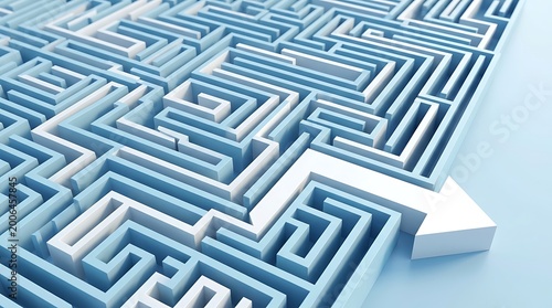 A 3D blue maze with a white arrow pointing the way, symbolizing guidance and problem solving in a complex environment.