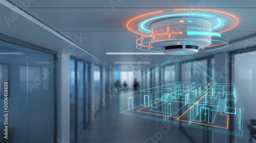 Smart fire sensor on ceiling with glowing HUD pulse and hallway blueprint, predictive hazard system, workplace protection, work safety