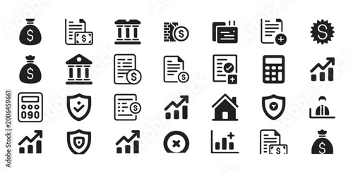 Finance and accounting icons with money bags and graphs.