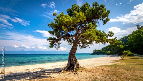 A lone tree on a sandy beach with turquoise water
