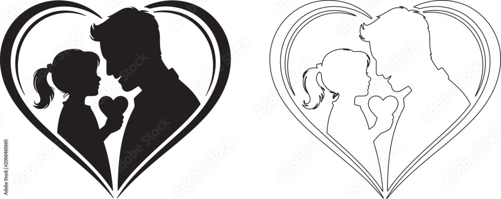 Fototapeta premium Silhouette illustration of a father and daughter sharing a loving bond inside a large heart shape