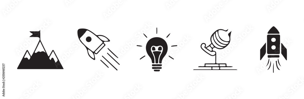 Fototapeta premium Innovation and business growth icons with rocket light bulb.