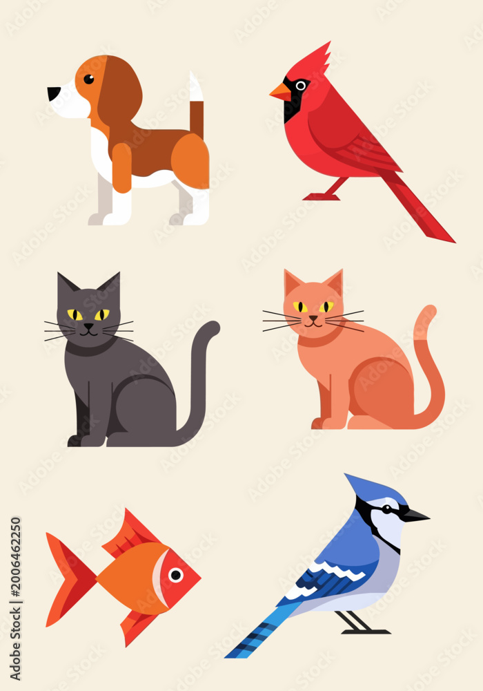 Fototapeta premium Minimalist Geometric Pet and Animal Illustration Set Featuring Dog, Cats, Cardinal, Blue Jay, and Goldfish for Modern Graphic Design