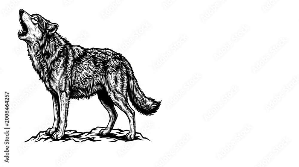 Fototapeta premium Intricate black and white illustration of a powerful wolf howling, a detailed depiction of the wild spirit