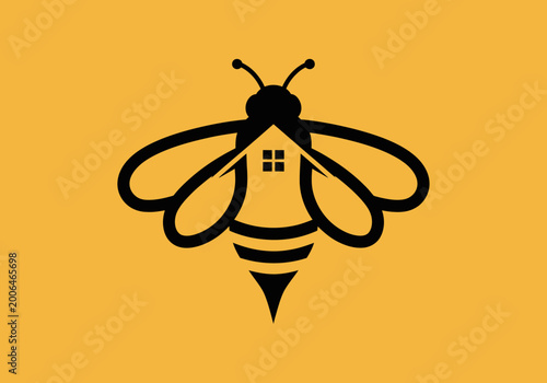 Foto Minimalist bee and house icon logo on yellow background