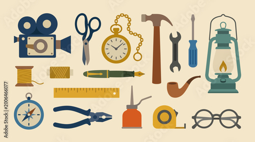 Foto Collection of various vintage tools and gadgets.