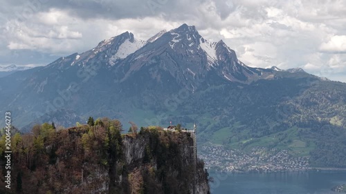 Aerial View of Bürgenstock Cliff Resort with Mount Pilatus and Lake Lucerne, Swiss Alps, Switzerland