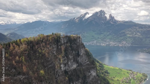 Aerial View of Bürgenstock Cliff Resort with Mount Pilatus and Lake Lucerne, Swiss Alps, Switzerland