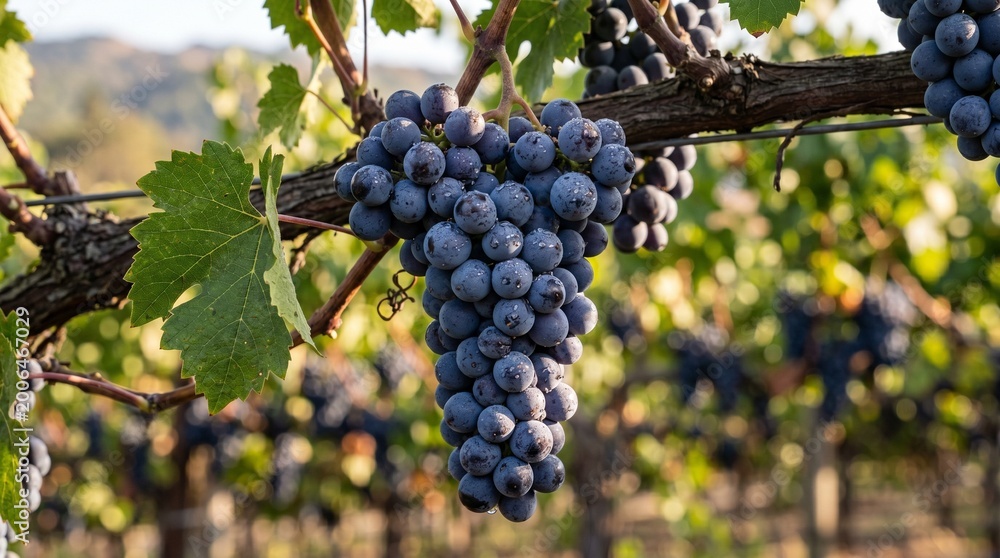 Fototapeta premium Cluster of Ripe Blue Wine Grapes With Morning Dew on Vine in Sunlit Vineyard