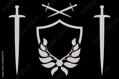 This heraldic emblem combines a central shield with four swords and a stylized laurel wreath, symbolizing protection, honor, and victory.