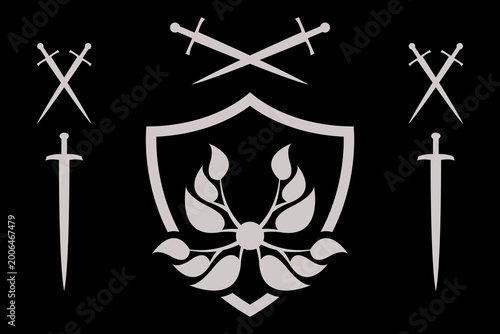 This heraldic emblem combines a central shield with four swords and a stylized laurel wreath, symbolizing protection, honor, and victory.