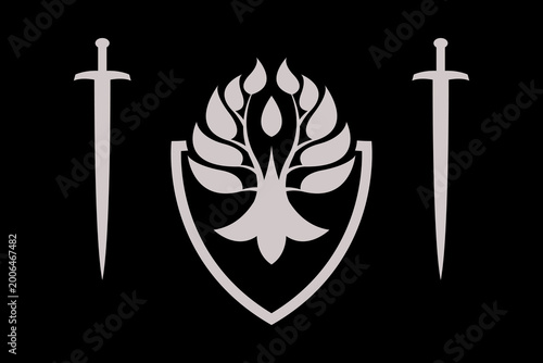 This heraldic emblem combines a central shield with four swords and a stylized laurel wreath, symbolizing protection, honor, and victory.