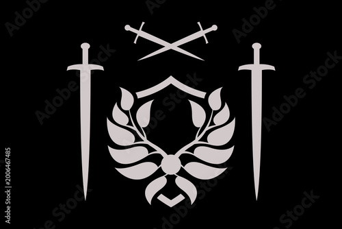 This heraldic emblem combines a central shield with four swords and a stylized laurel wreath, symbolizing protection, honor, and victory.