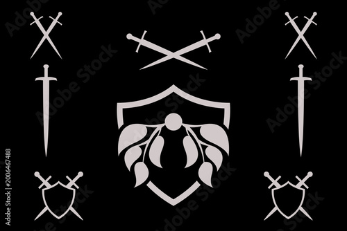 This heraldic emblem combines a central shield with four swords and a stylized laurel wreath, symbolizing protection, honor, and victory.