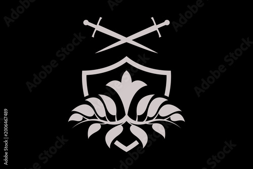 This heraldic emblem combines a central shield with four swords and a stylized laurel wreath, symbolizing protection, honor, and victory.