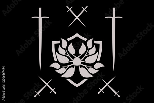 This heraldic emblem combines a central shield with four swords and a stylized laurel wreath, symbolizing protection, honor, and victory.