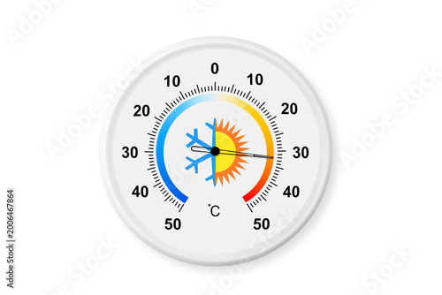 Circular celsius scale thermometer on a white background with soft shadow. Ambient temperature plus 32 degrees celsius