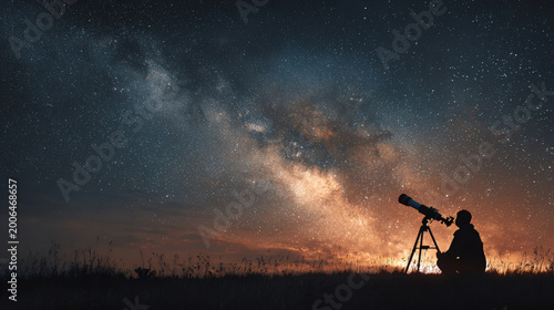 Silhouette stargazer with telescope under Milky Way. Astronomy concept.
