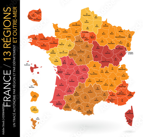 Schilderij op canvas Carte de France / 13 régions et outre-mer avec départements, numéros et chefs-li
