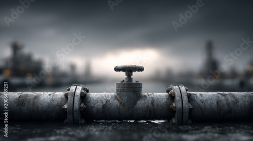 Old pipeline valve against cloudy sky. Industrial infrastructure concept.