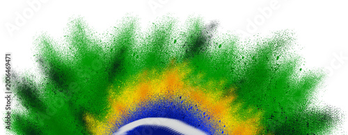 Brazil Flag Color Powder Explosion on Black Background – Green Yellow Blue Abstract Dust Splash