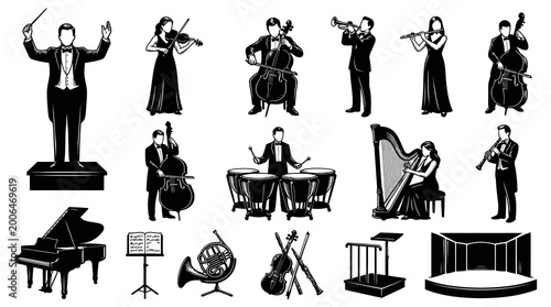 Classical Orchestra Musicians and Instruments Vector Icons Set. Black and White Line Art Collection.