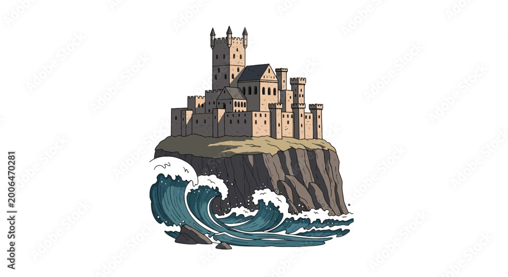 Fototapeta premium Medieval stone castle on a rocky cliff above crashing ocean waves