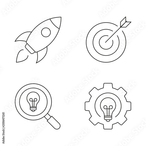 Modern linear icons for business growth, creative vision, target goals, and startup launch concepts.
