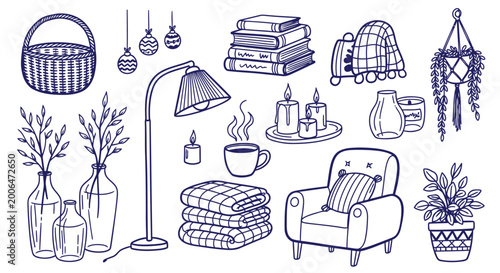 Hand Drawn Hygge Lifestyle Doodles - Cozy Home Interior Elements Set
