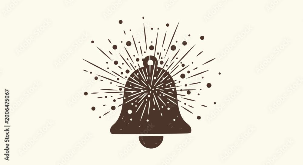 Fototapeta premium Vintage Bell Illustration with Sunburst Rays and Dots Icon Design for Notification and Alert Logo