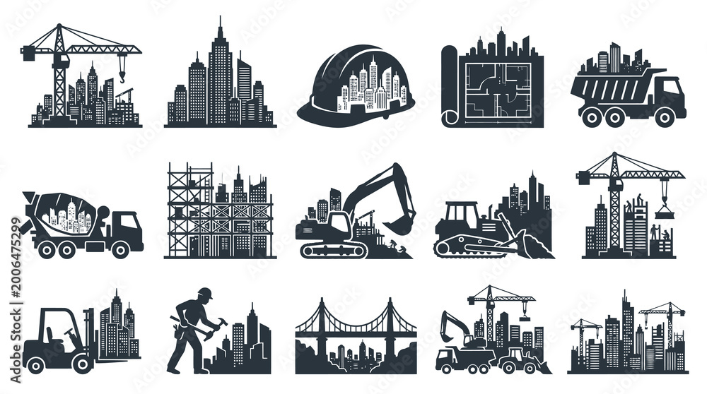 Fototapeta premium Construction Icons: Cityscape Buildings, Crane, Excavator, Truck, Blueprint, Helmet