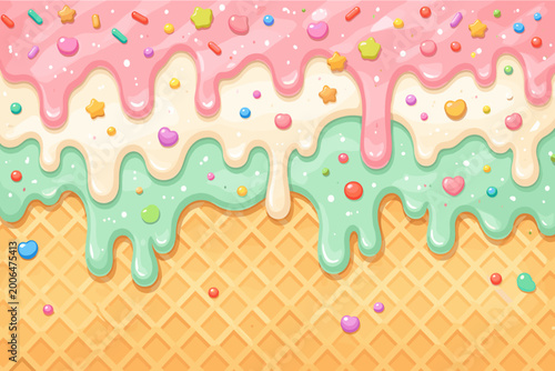 Sweet melting ice cream glaze flowing down with shiny sugary decorations and colorful sprinkles creating a delicious dessert texture in a simple flat vector illustration for food branding.