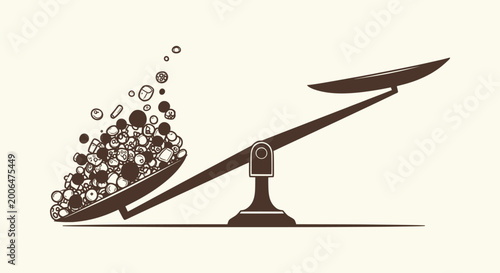 Bild auf Leinwand Vintage Style Illustration of a Lever Scale Tipped Heavily by a Pile of Medicine