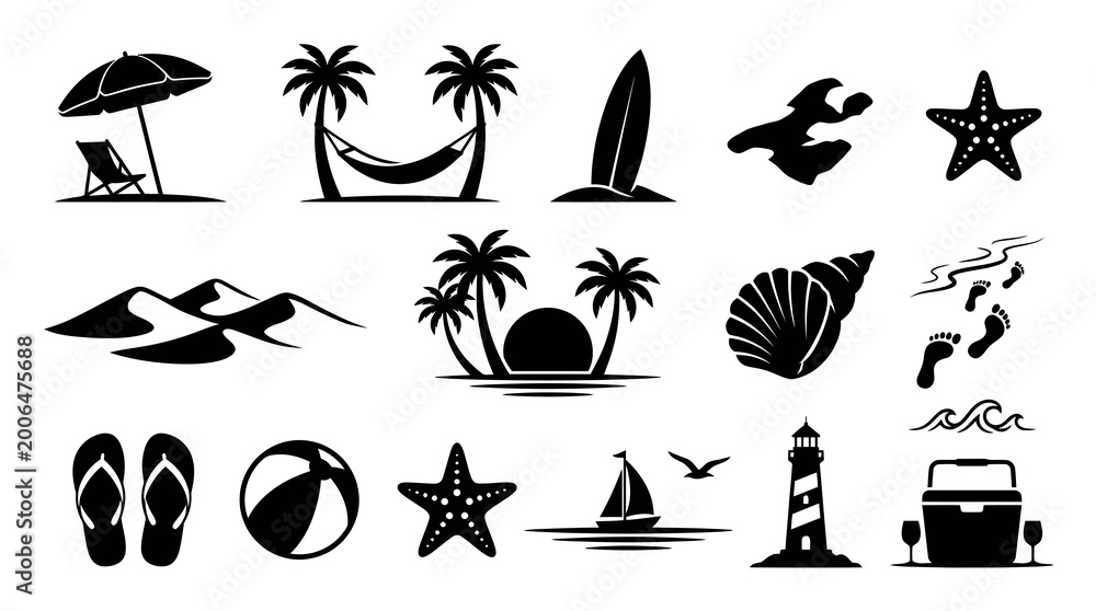 Obraz premium Black and White Beach Icons Set - Summer Vacation Travel Symbols