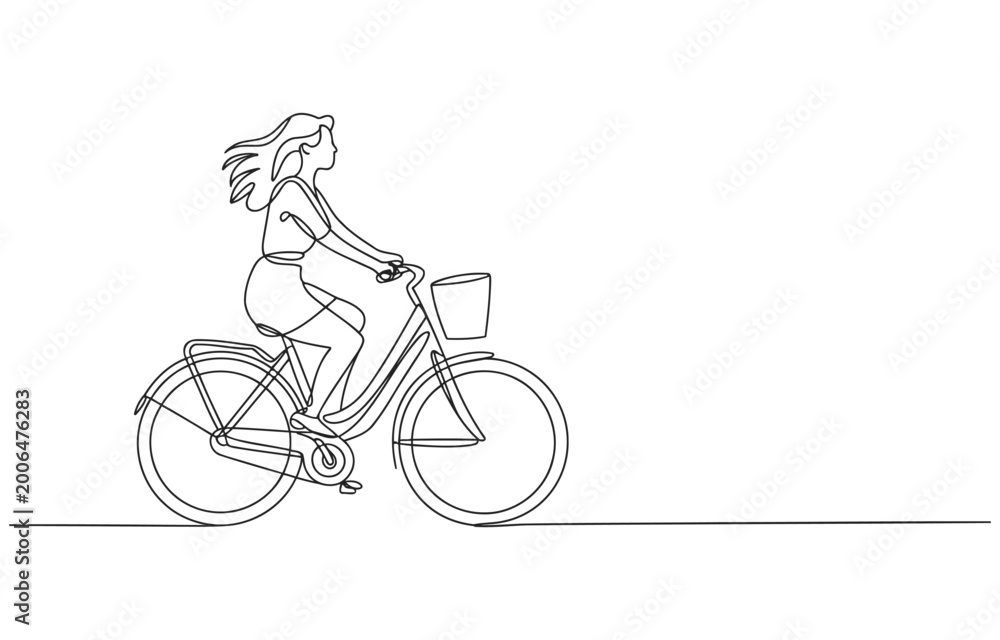 Fototapeta premium Woman riding a bicycle continuous line drawing free time line art single transportation exercise outdoors activity lifestyle illustration minimalist continuous movement recreation