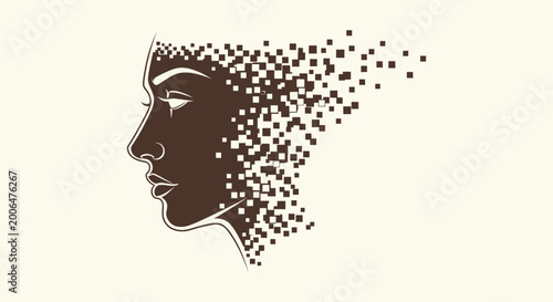 Foto Stylized Profile of a Female Face Fading into Digital Pixels Symbolizing Data and Human Identity