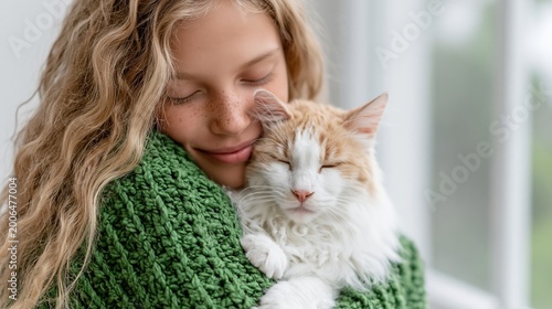 A young girl embraces her fluffy cat in a loving gesture, showcasing the warmth and bond shared between humans and pets in a cozy indoor setting.