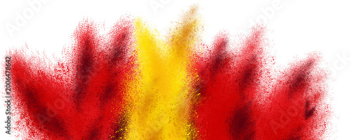 colorful spanish flag black red yellow color holi paint powder explosion isolated white background. Spain europe celebration soccer travel tourism concept
