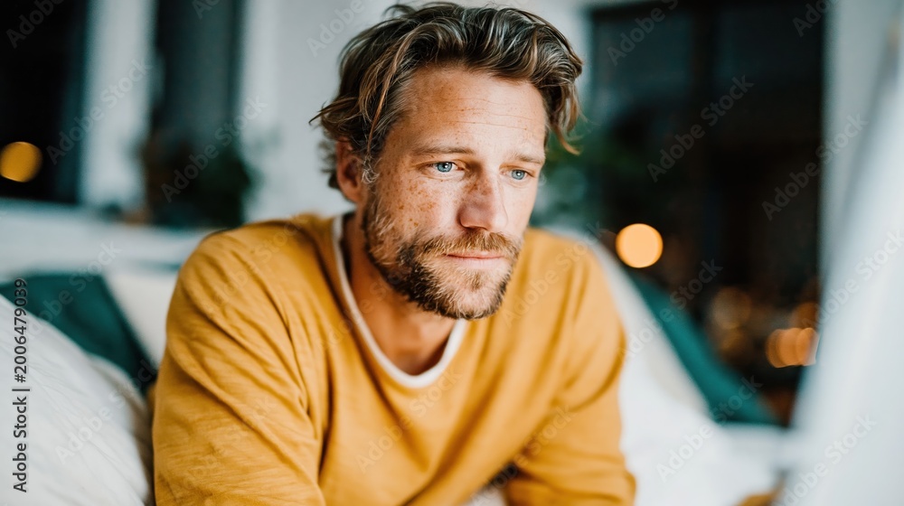 Obraz premium A thoughtful man contemplates in a cozy room, illuminated by soft light, emphasizing focus, creativity, and productivity while working from the comfort of home amid a tranquil setting.