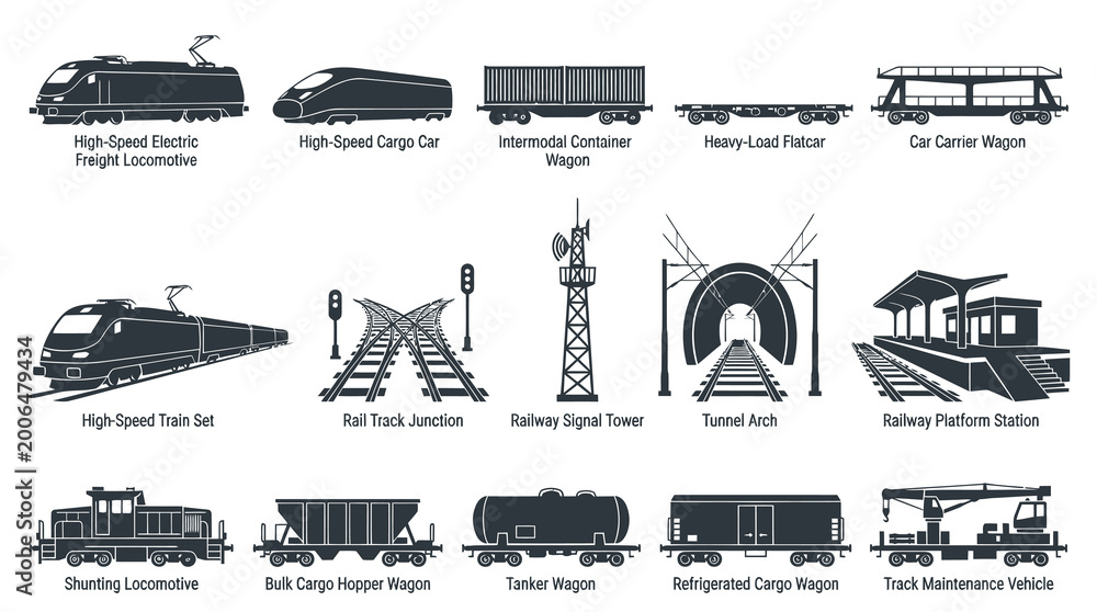 Obraz premium Black White Vector Icons of Railway Transport and Infrastructure