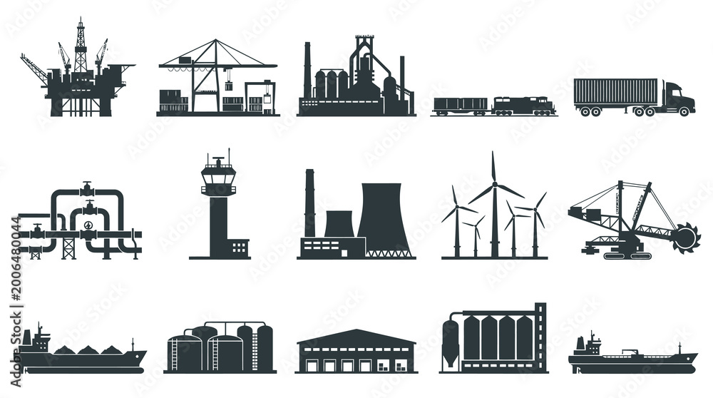 Obraz premium Industrial vector icons: Oil rig, crane, factory, train, truck, power plant, wind turbines, excavator, cargo ship, silos