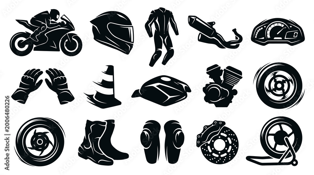 Obraz premium Black White Motorcycle Gear and Parts Icons Set