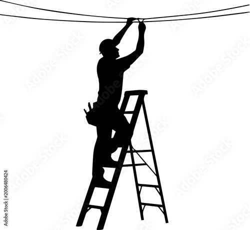 Electrician Silhouette Working on Overhead Power Lines from a Stepladder