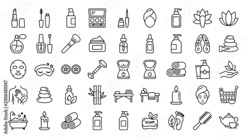 Spa and beauty treatment outline icons set for wellness cosmetics relaxation
