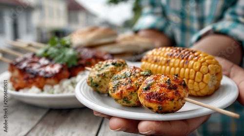 A hand presents a plate with delicious skewers of grilled chicken, corn, and herbs, showcasing vibrant colors and inviting textures that stimulate appetite and joy.