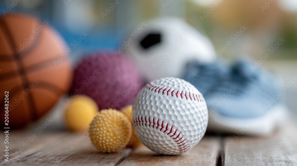 Naklejka premium A vibrant collection of various sports balls, including a baseball, soccer ball, and basketball on a rustic wooden surface, depicting the joy of play and competition in sports.